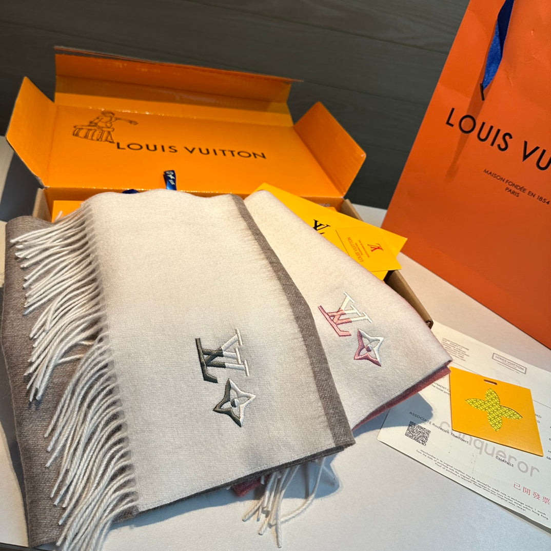 LOUIS VUITTON SCARF 185 CM IN MEDIUM BROWN MIX WHITE CASHMERE 390093