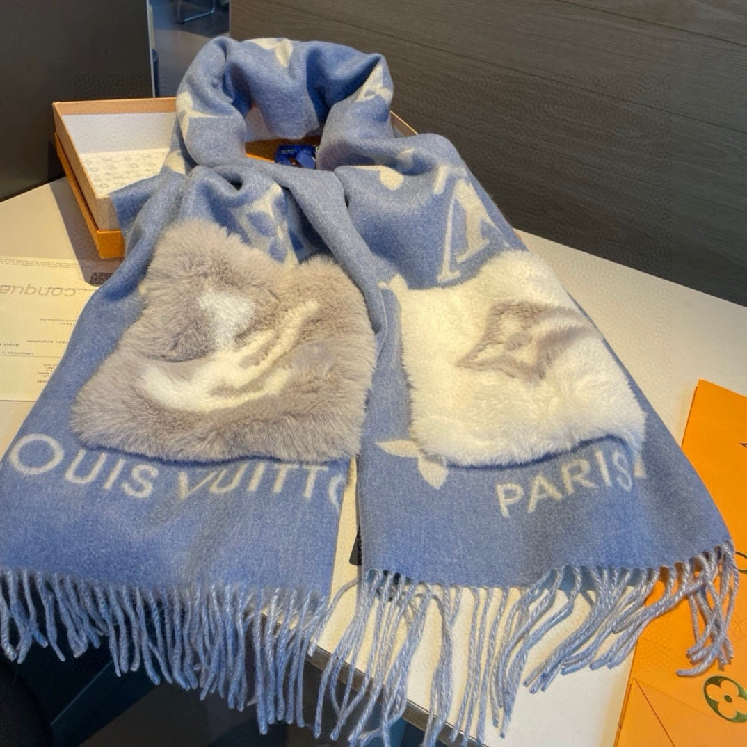 LOUIS VUITTON COLD REYKJAVIK SCARF 190 CM IN STEEL BLUE CASHMERE 394490