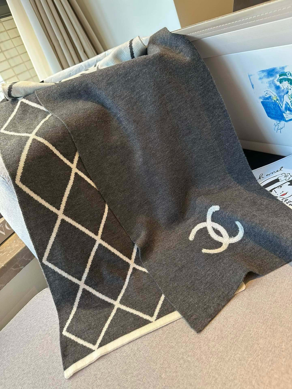 CHANEL SCARF 180 CM IN MOUSE GRAY MIX WHITE CASHMERE 401970