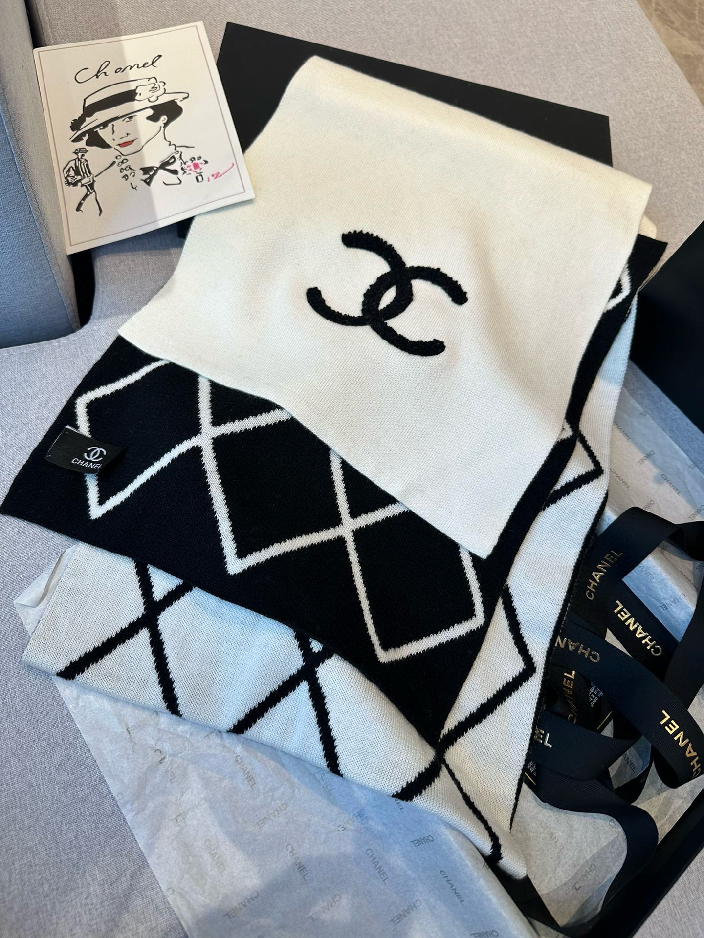 CHANEL SCARF 180 CM IN BLACK MIX WHITE CASHMERE 401971