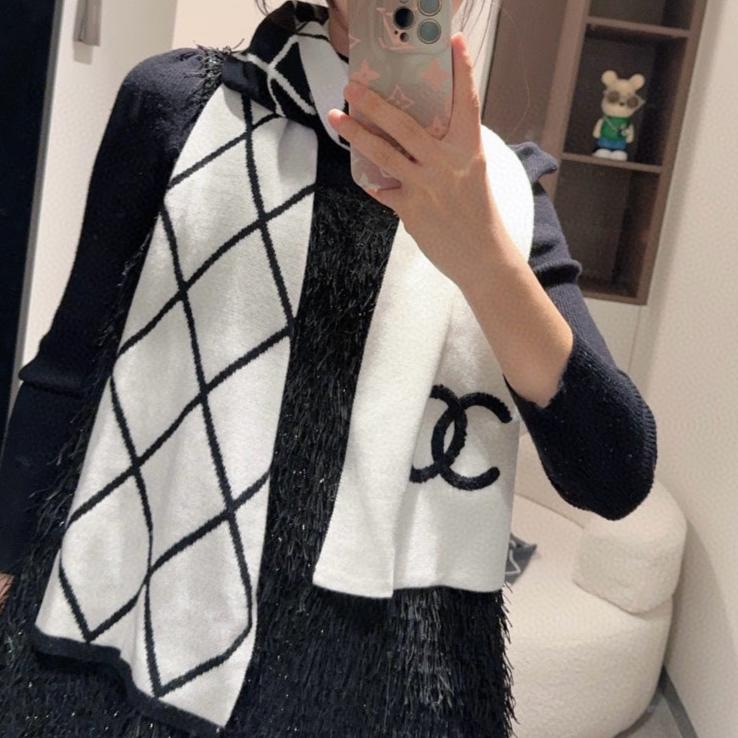 CHANEL SCARF 180 CM IN BLACK MIX WHITE CASHMERE 401971