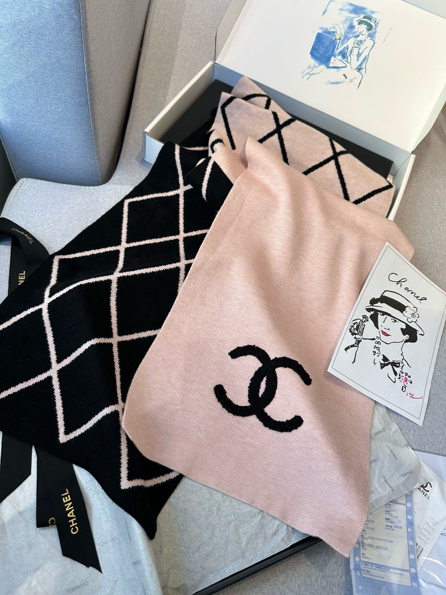 CHANEL SCARF 180 CM IN PASTEL PINK MIX BLACK CASHMERE 401972