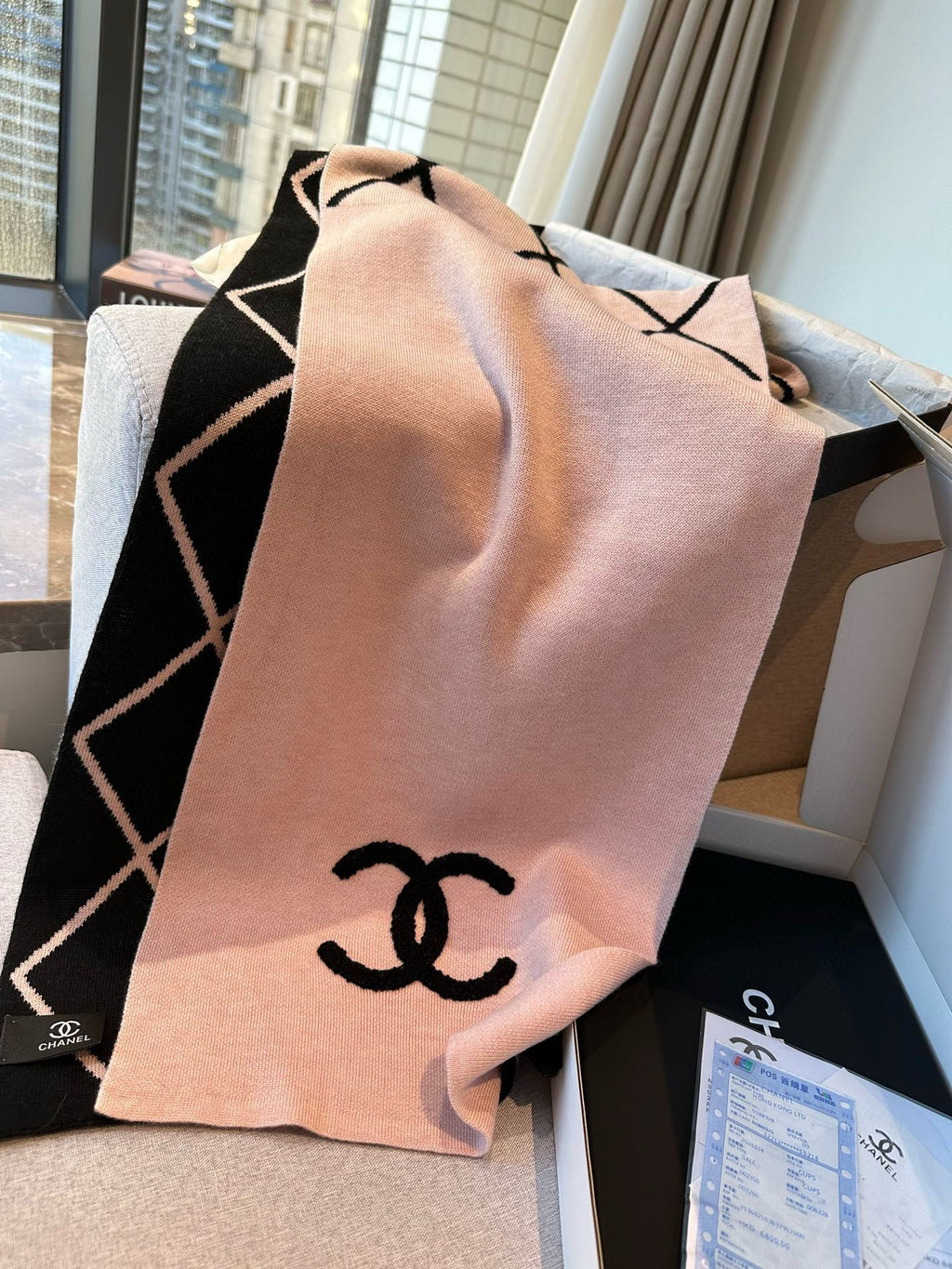 CHANEL SCARF 180 CM IN PASTEL PINK MIX BLACK CASHMERE 401972