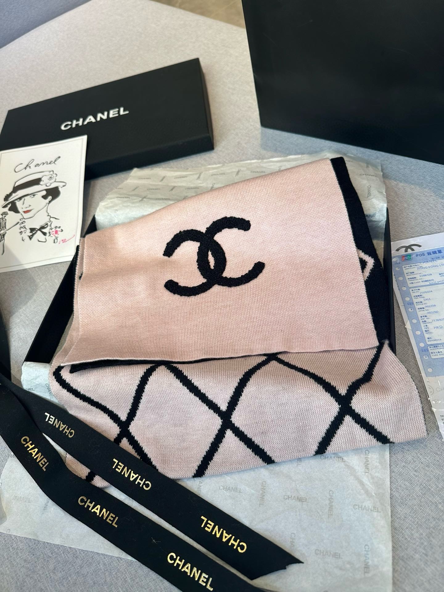 CHANEL SCARF 180 CM IN PASTEL PINK MIX BLACK CASHMERE 401972