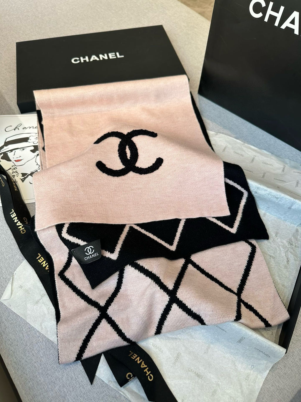 CHANEL SCARF 180 CM IN PASTEL PINK MIX BLACK CASHMERE 401972