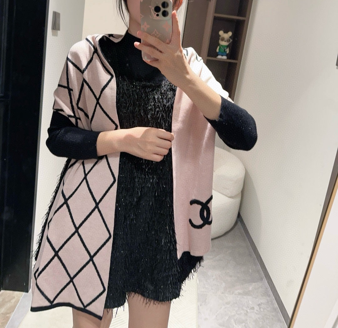 CHANEL SCARF 180 CM IN PASTEL PINK MIX BLACK CASHMERE 401972