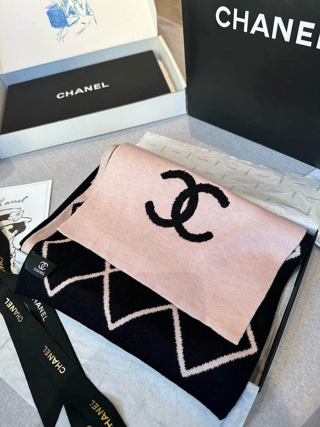 CHANEL SCARF 180 CM IN PASTEL PINK MIX BLACK CASHMERE 401972