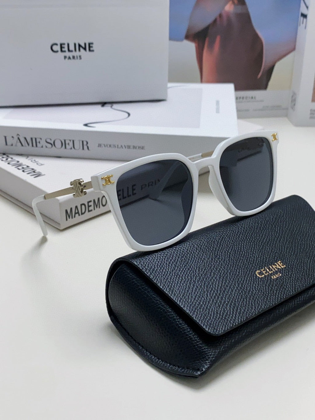 CELINE TRIOMPHE SUNGLASS 497817 IN WHITE METAL BLACK LENSES