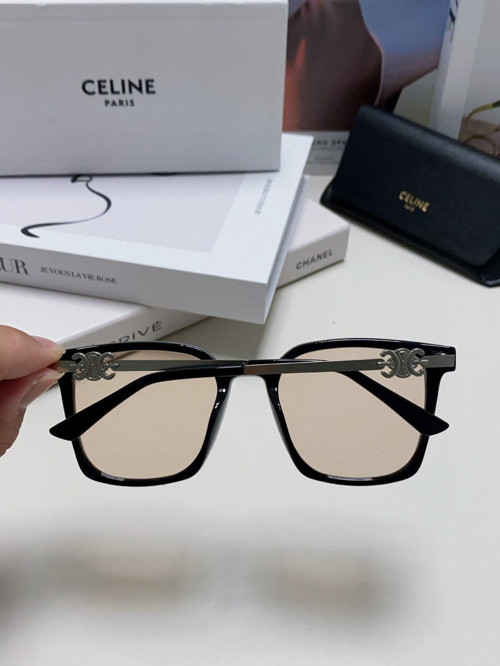 CELINE TRIOMPHE SUNGLASS 497818 IN SILVER METAL LIGHT BROWN LENSES
