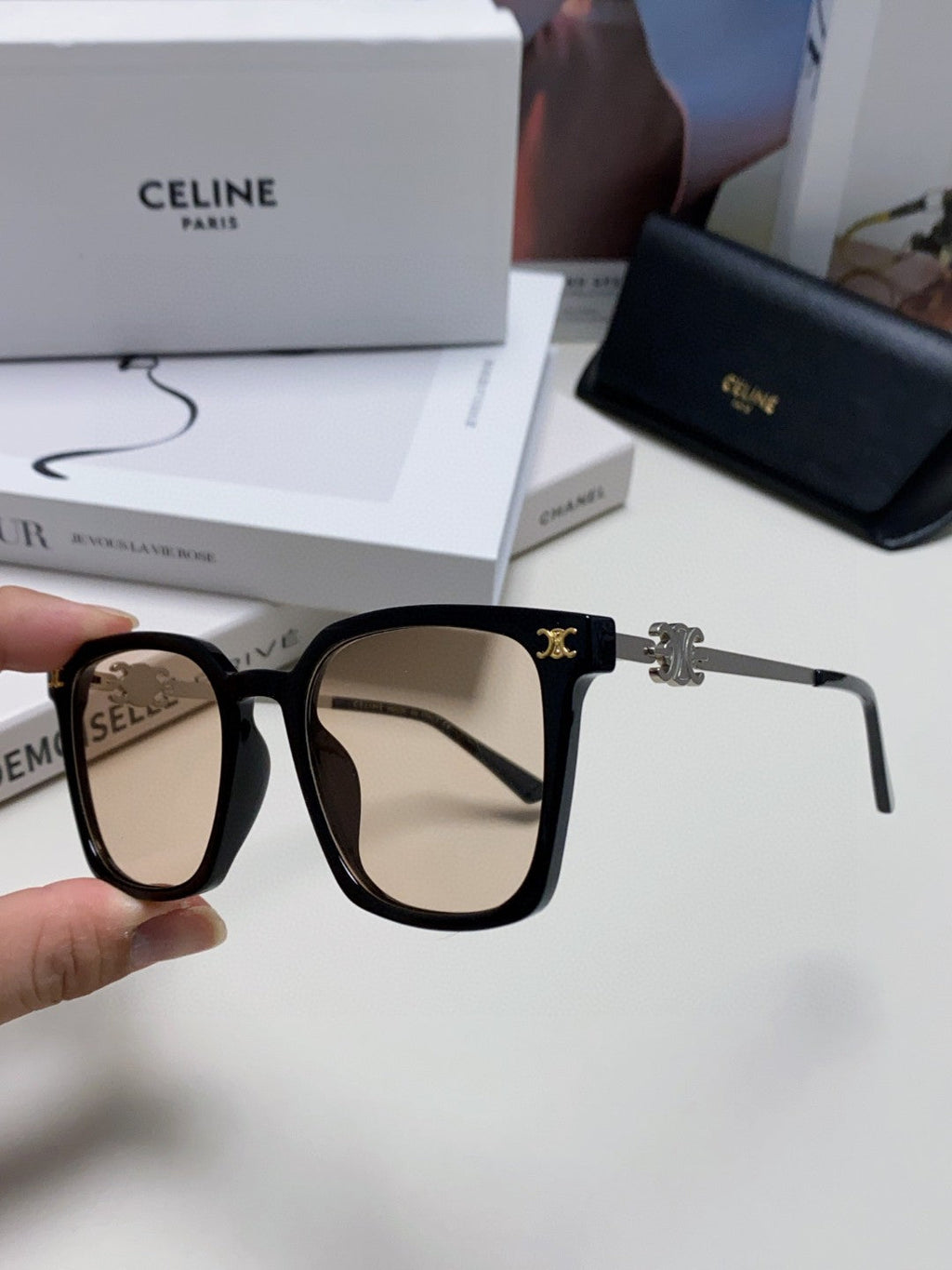 CELINE TRIOMPHE SUNGLASS 497818 IN SILVER METAL LIGHT BROWN LENSES