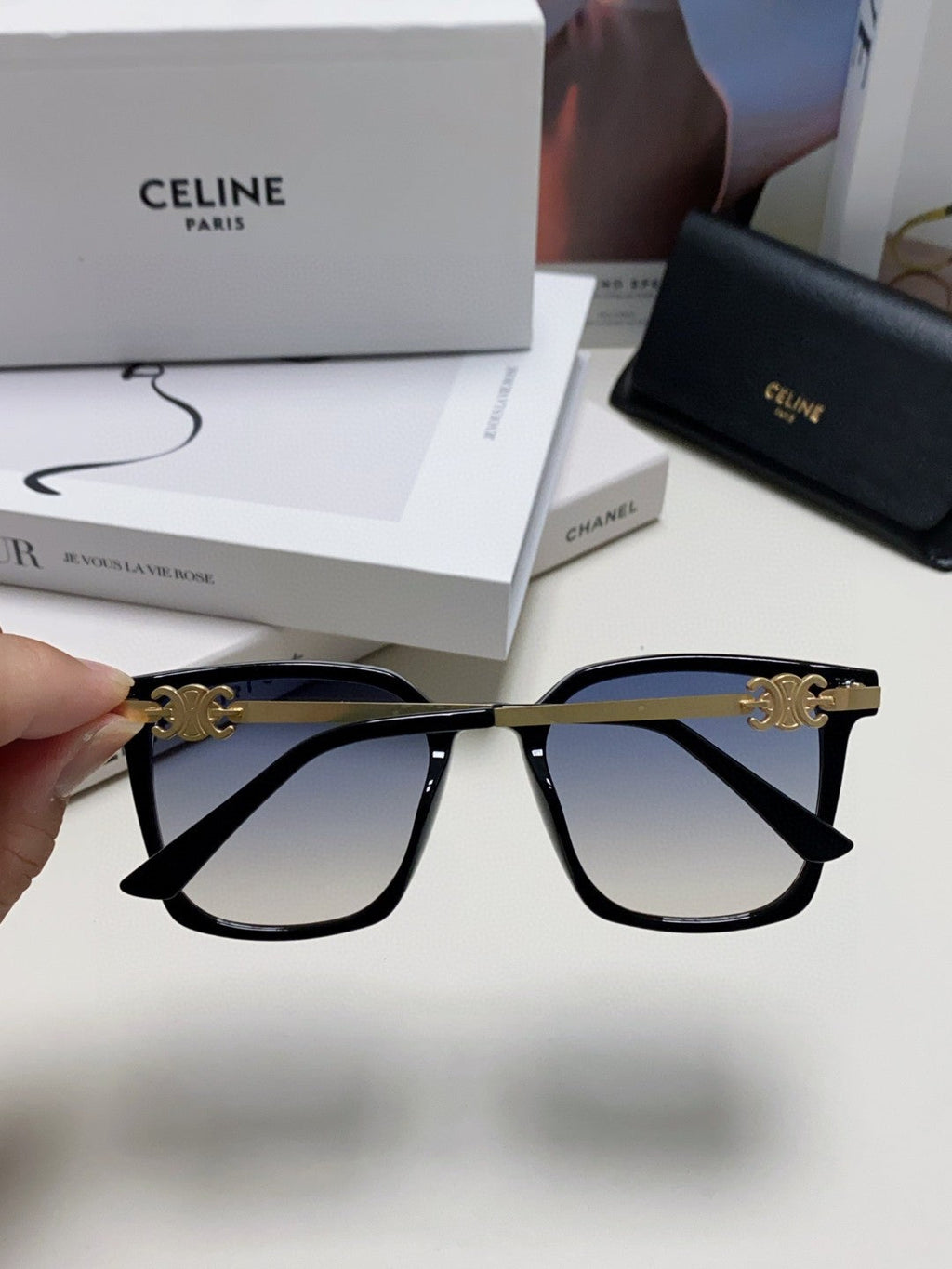 CELINE TRIOMPHE SUNGLASS 497819 IN GOLD METAL BLACK SMOKE LENSES