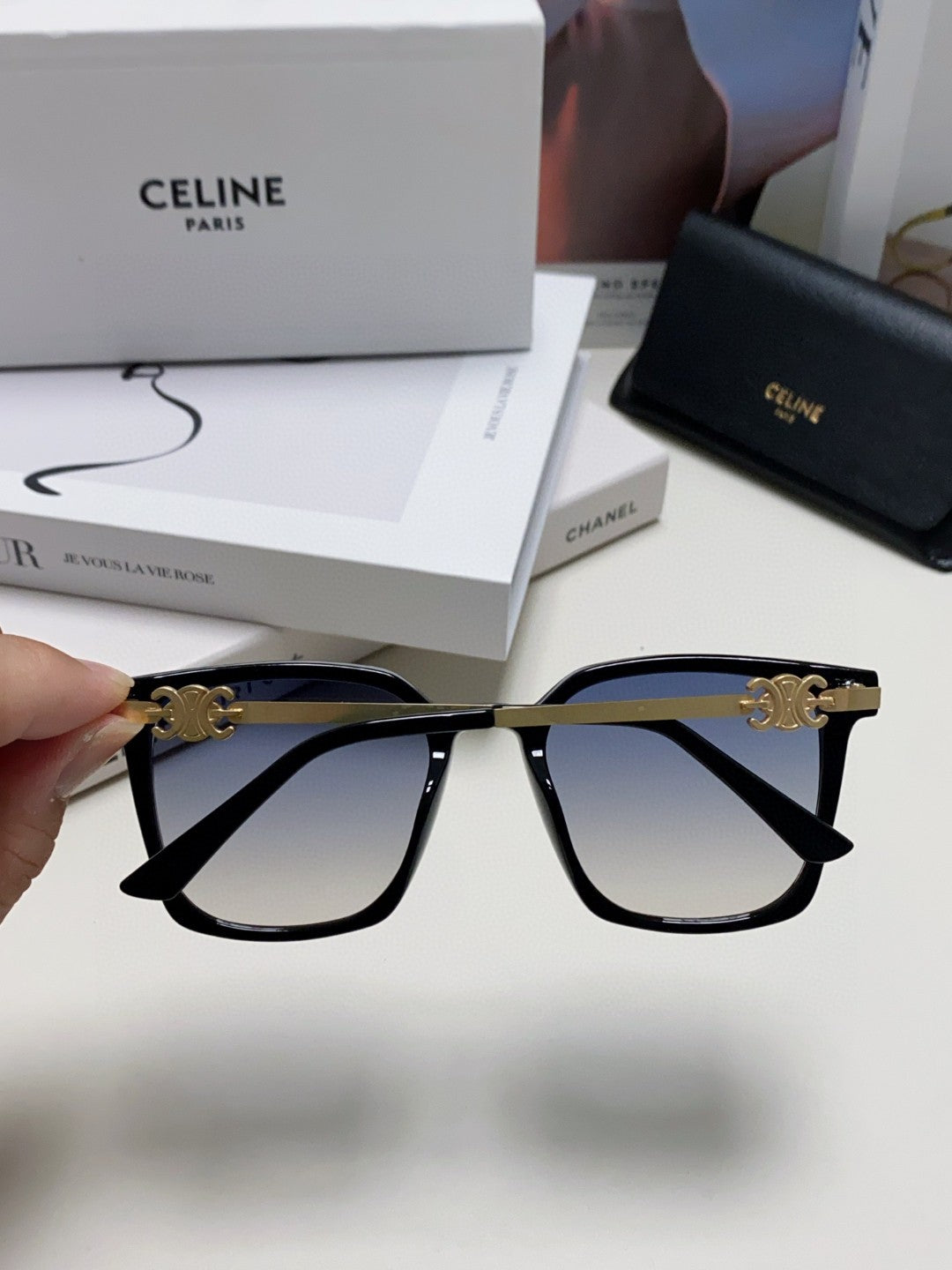 CELINE TRIOMPHE SUNGLASS 497819 IN GOLD METAL BLACK SMOKE LENSES