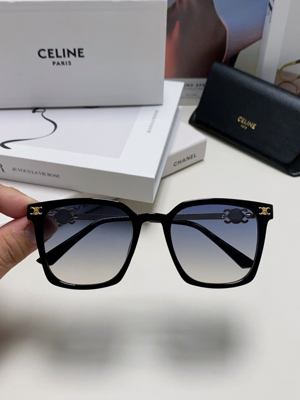 CELINE TRIOMPHE SUNGLASS 497819 IN GOLD METAL BLACK SMOKE LENSES