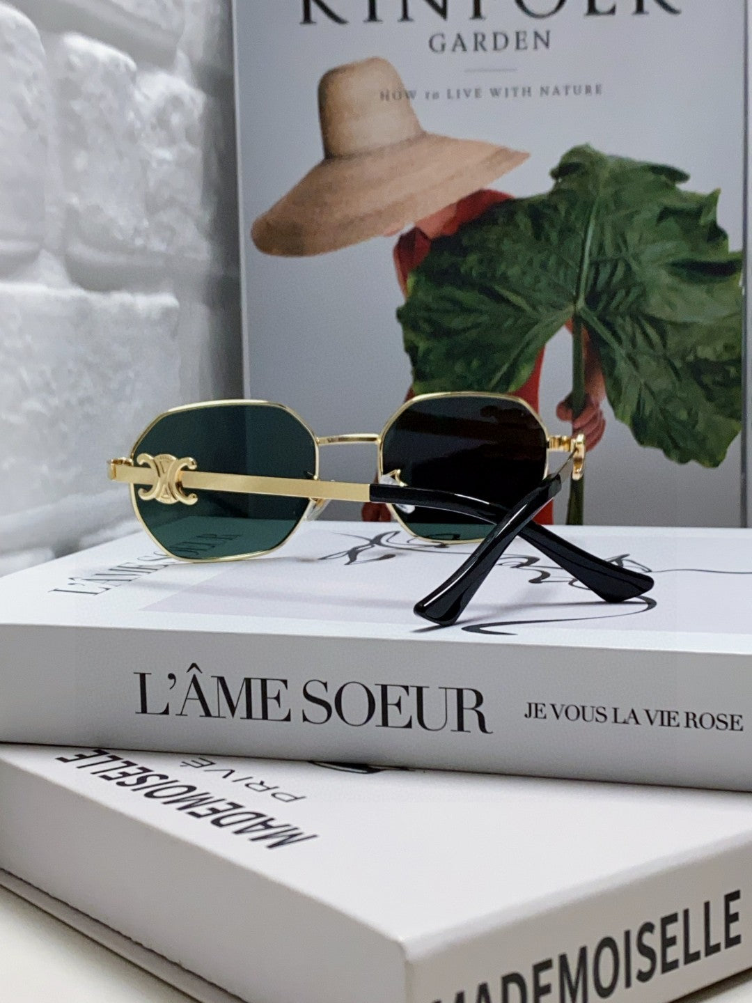 CELINE TRIOMPHE SUNGLASS 497821 IN GOLD METAL DARK TEAL LENSES