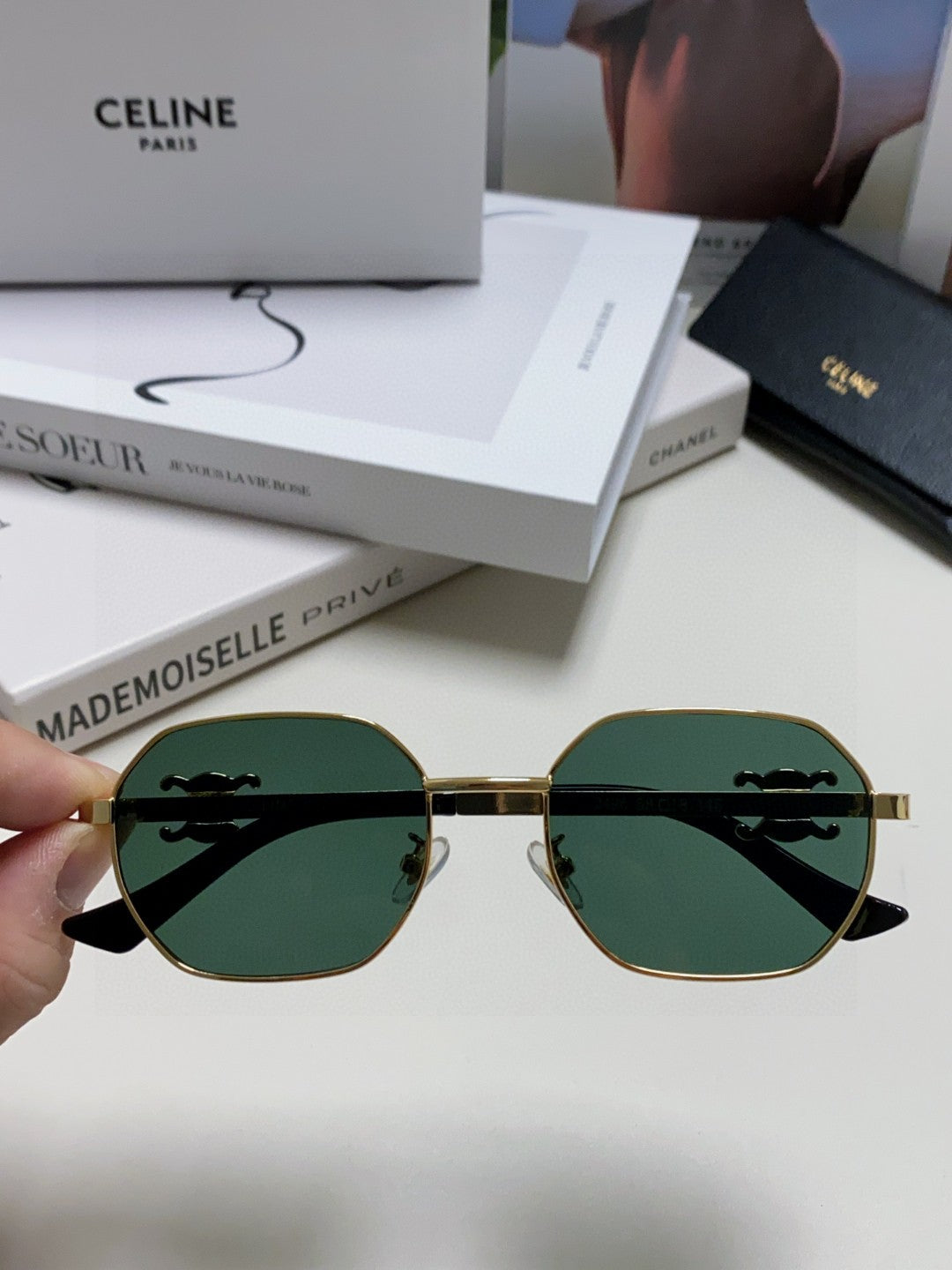 CELINE TRIOMPHE SUNGLASS 497821 IN GOLD METAL DARK TEAL LENSES
