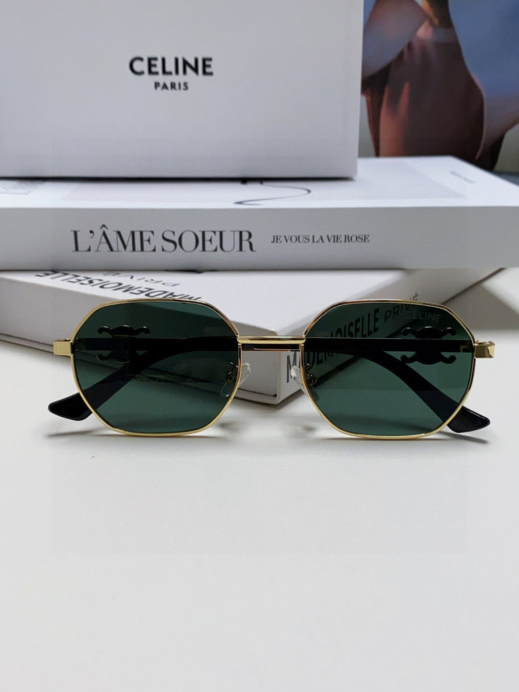 CELINE TRIOMPHE SUNGLASS 497821 IN GOLD METAL DARK TEAL LENSES
