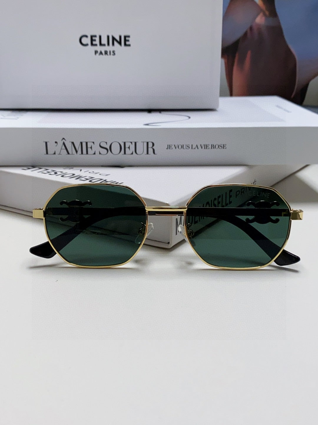 CELINE TRIOMPHE SUNGLASS 497821 IN GOLD METAL DARK TEAL LENSES