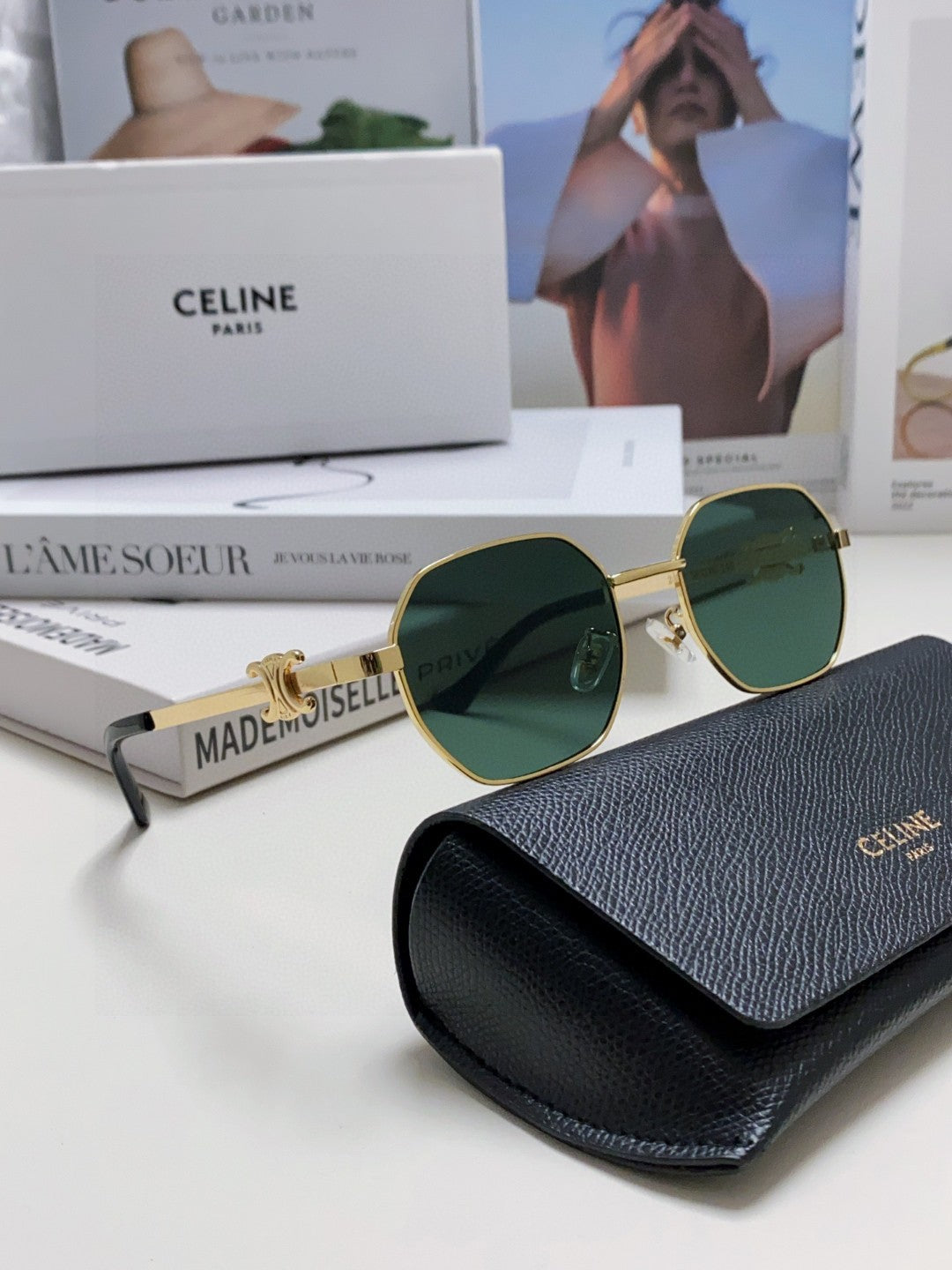 CELINE TRIOMPHE SUNGLASS 497821 IN GOLD METAL DARK TEAL LENSES