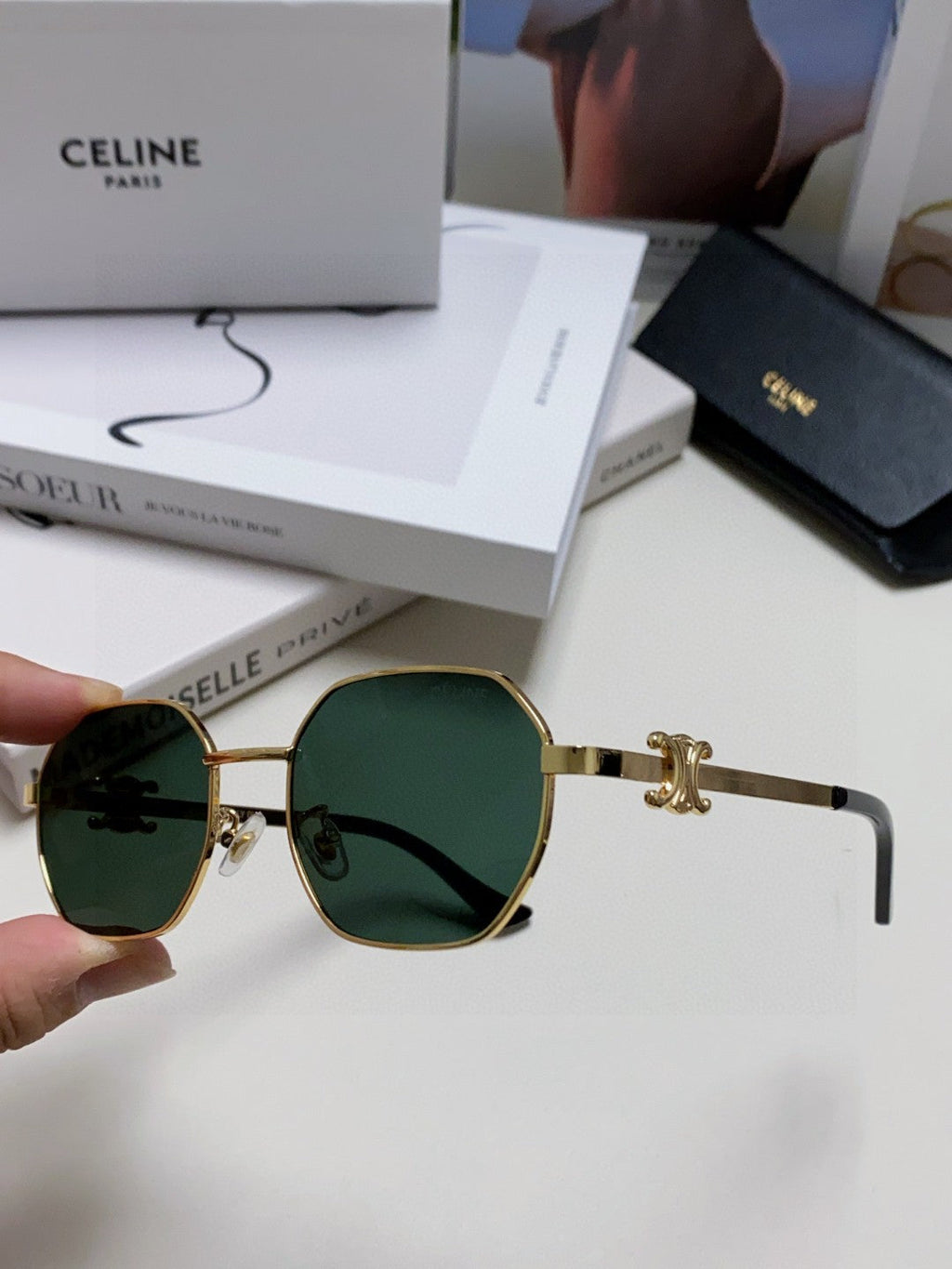 CELINE TRIOMPHE SUNGLASS 497821 IN GOLD METAL DARK TEAL LENSES