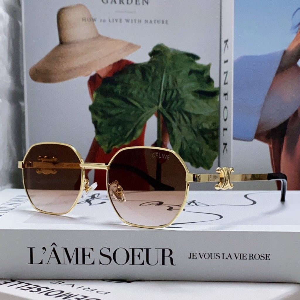CELINE TRIOMPHE SUNGLASS 497822 IN GOLD METAL BROWN SMOKE LENSES