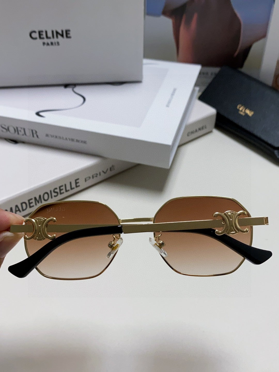 CELINE TRIOMPHE SUNGLASS 497822 IN GOLD METAL BROWN SMOKE LENSES