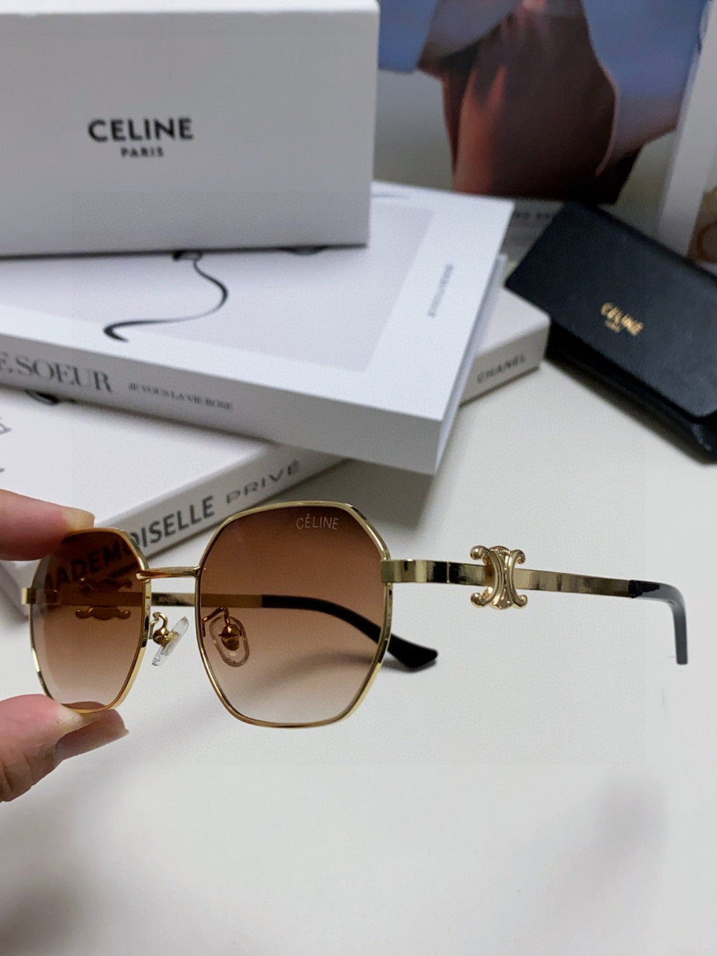 CELINE TRIOMPHE SUNGLASS 497822 IN GOLD METAL BROWN SMOKE LENSES