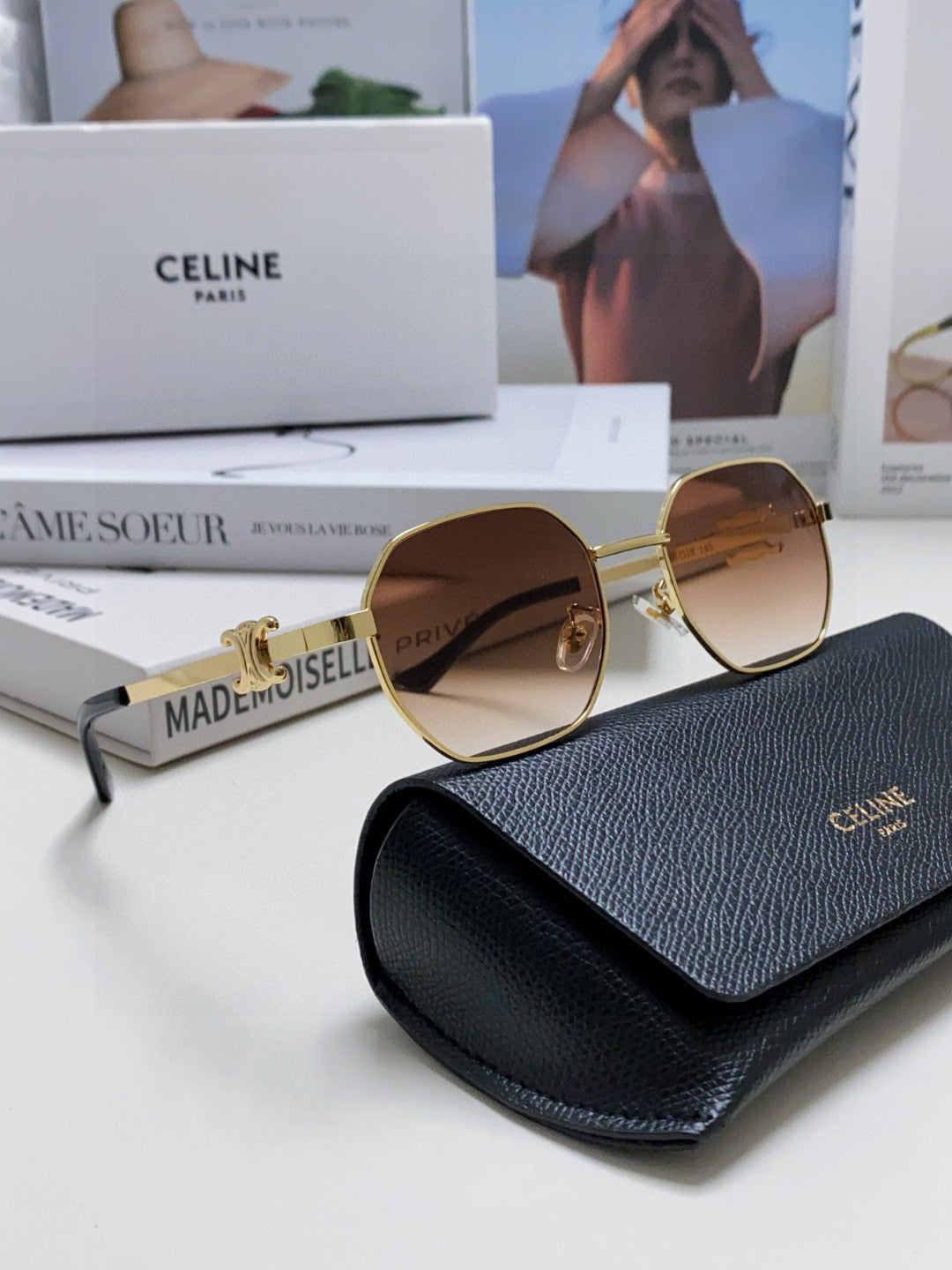 CELINE TRIOMPHE SUNGLASS 497822 IN GOLD METAL BROWN SMOKE LENSES