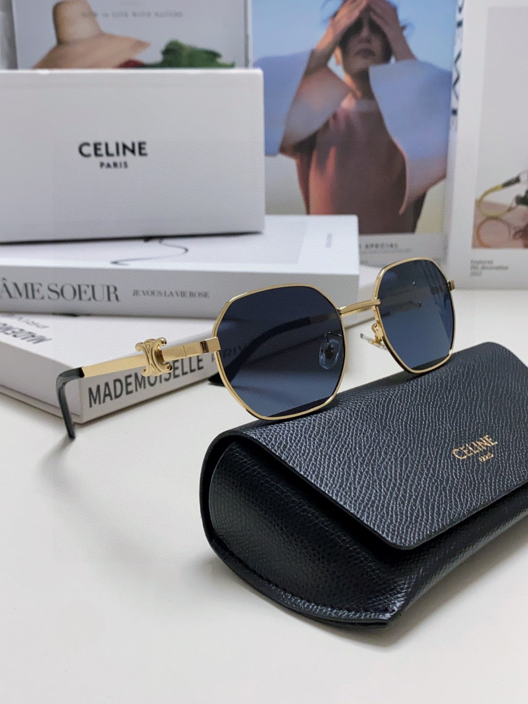 CELINE TRIOMPHE SUNGLASS 497823 IN GOLD METAL BLACK LENSES