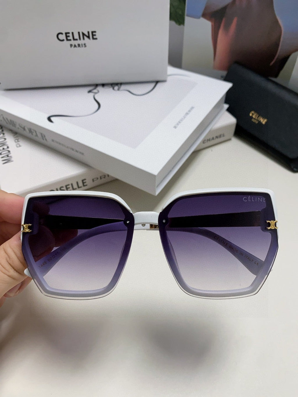CELINE TRIOMPHE SUNGLASS 497829 IN WHITE ACETATE EMBOSSED LOGO