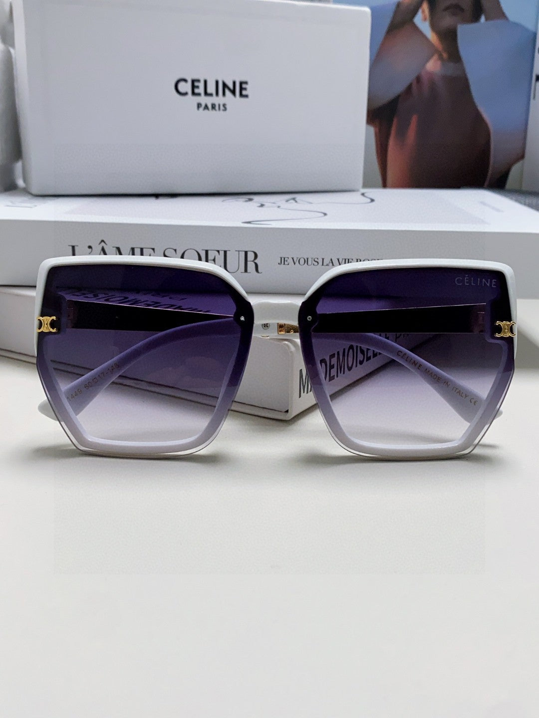CELINE TRIOMPHE SUNGLASS 497829 IN WHITE ACETATE EMBOSSED LOGO