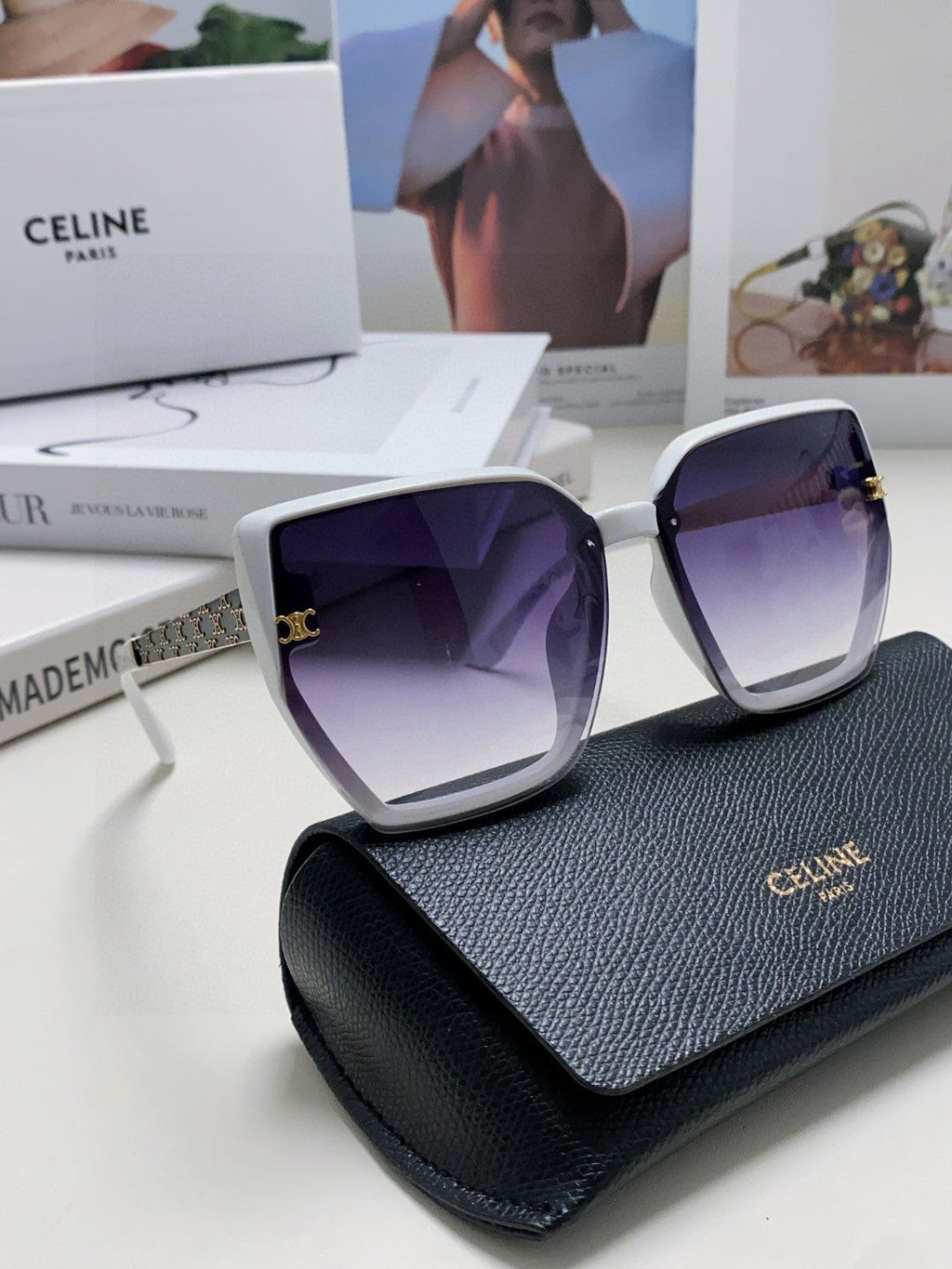 CELINE TRIOMPHE SUNGLASS 497829 IN WHITE ACETATE EMBOSSED LOGO
