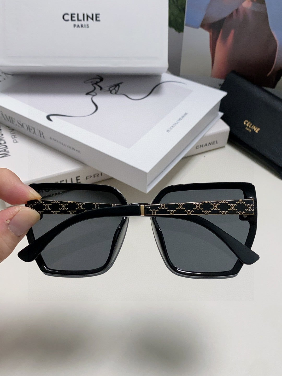 CELINE TRIOMPHE SUNGLASS 497831 IN BLACK ACETATE EMBOSSED LOGO