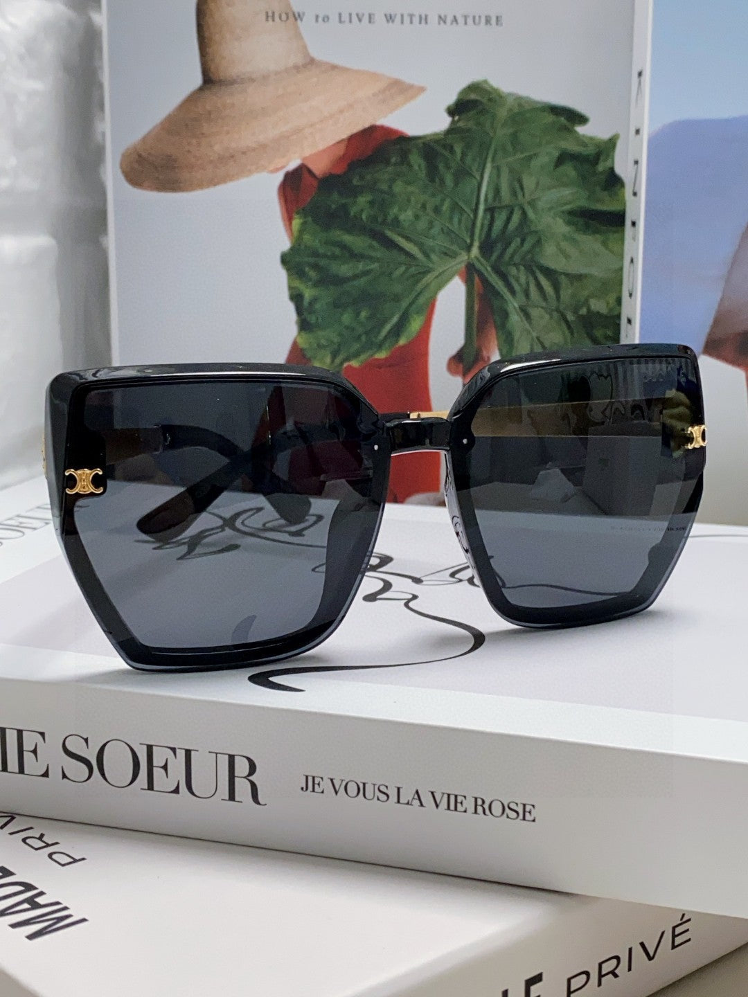 CELINE TRIOMPHE SUNGLASS 497831 IN BLACK ACETATE EMBOSSED LOGO