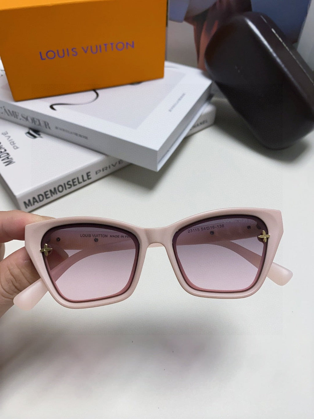 LOUIS VUITTON SQUARE SUNGLASSES 581358 IN NUDE PINK ACETATE EMBOSSED MONOGRAM LOGO