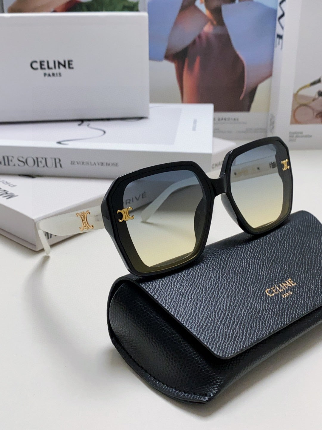 CELINE TRIOMPHE SUNGLASSES 548593 IN BLACK AND WHITE ACETATE