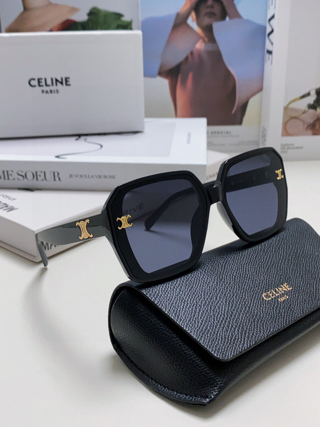 CELINE TRIOMPHE SUNGLASSES 548595 IN BLACK ACETATE
