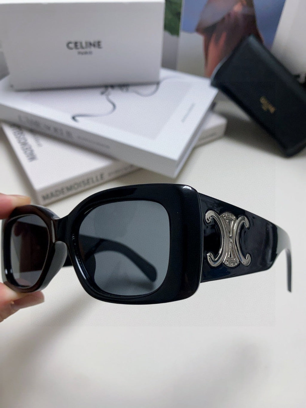 CELINE TRIOMPHE SUNGLASSES 548601 IN BLACK ACETATE SILVER LOGO