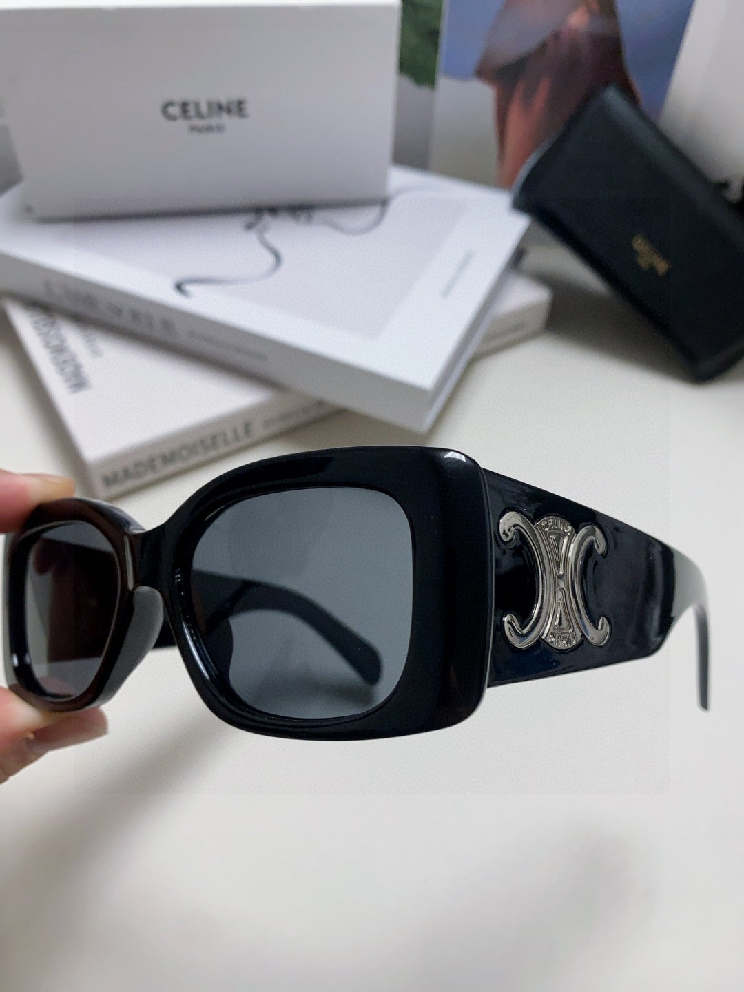 CELINE TRIOMPHE SUNGLASSES 548601 IN BLACK ACETATE SILVER LOGO