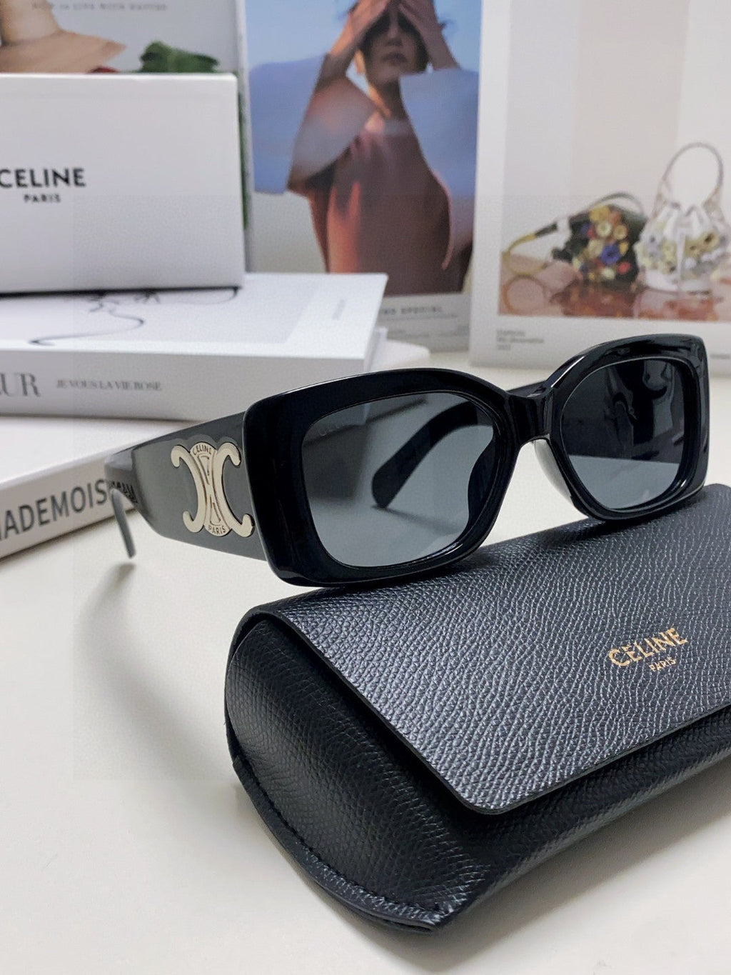 CELINE TRIOMPHE SUNGLASSES 548601 IN BLACK ACETATE SILVER LOGO