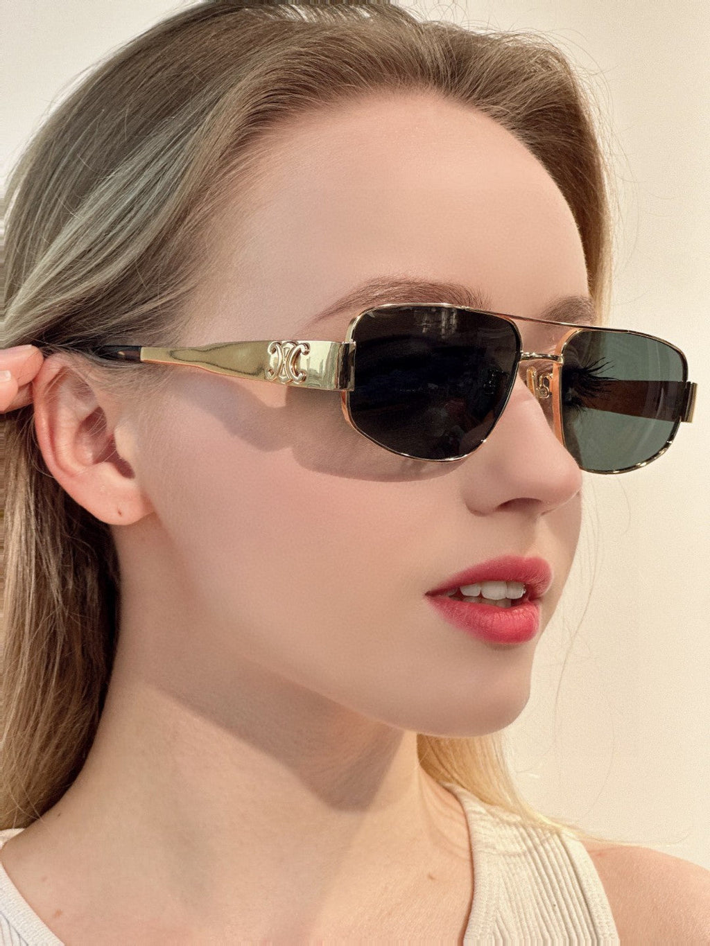 CELINE TRIOMPHE SUNGLASS 512997 IN GOLD METAL BLUE LENSES