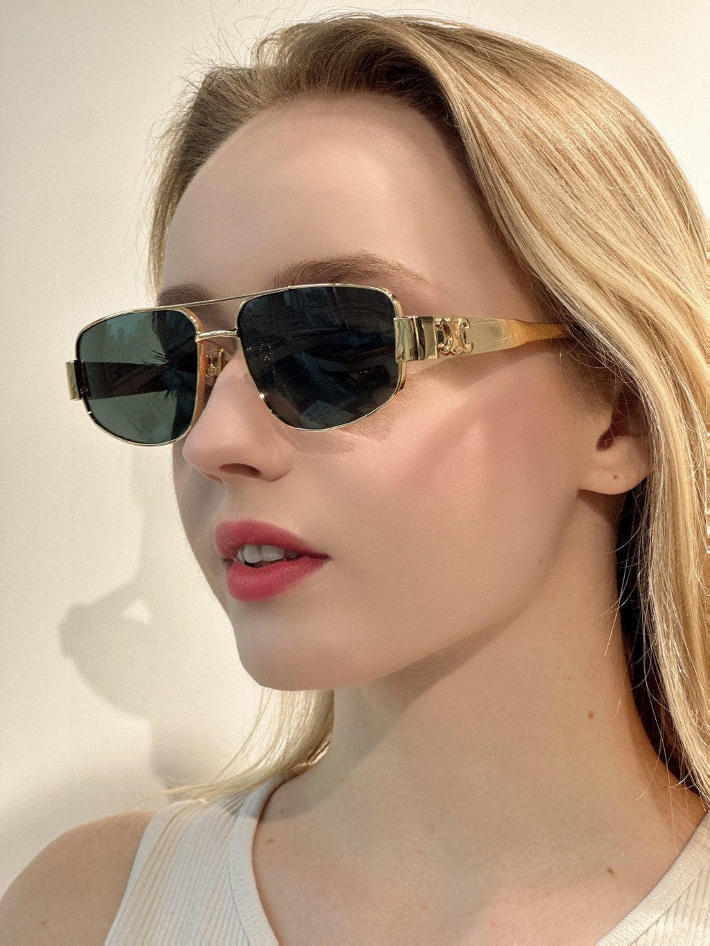 CELINE TRIOMPHE SUNGLASS 512997 IN GOLD METAL BLUE LENSES