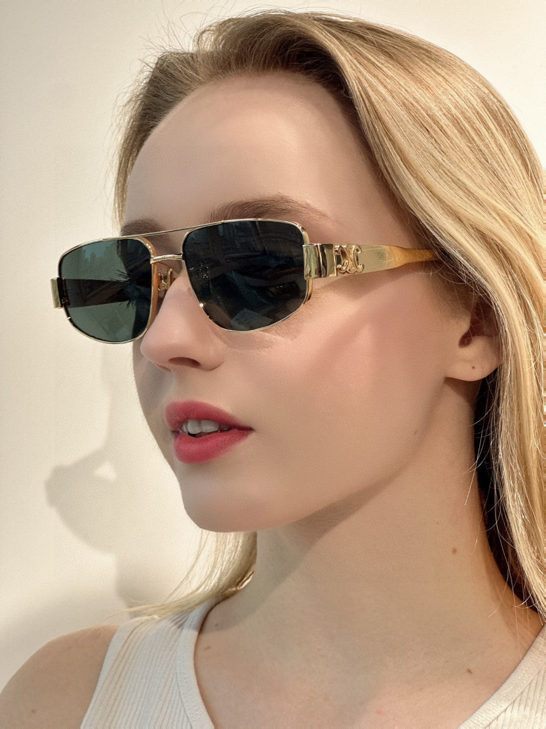 CELINE TRIOMPHE SUNGLASS 512997 IN GOLD METAL BLUE LENSES