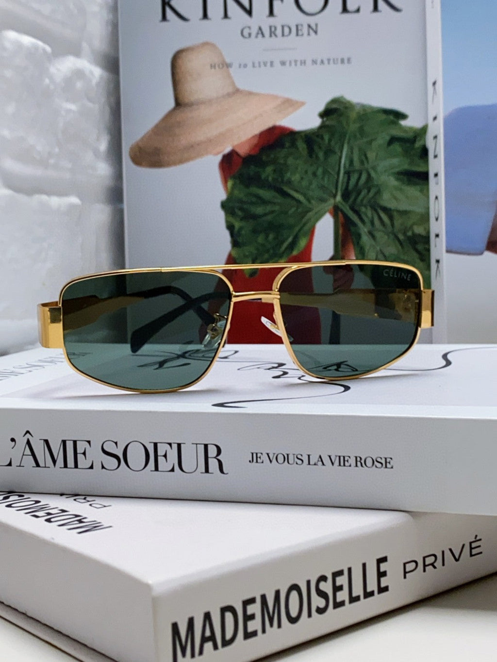CELINE TRIOMPHE SUNGLASS 512997 IN GOLD METAL BLUE LENSES