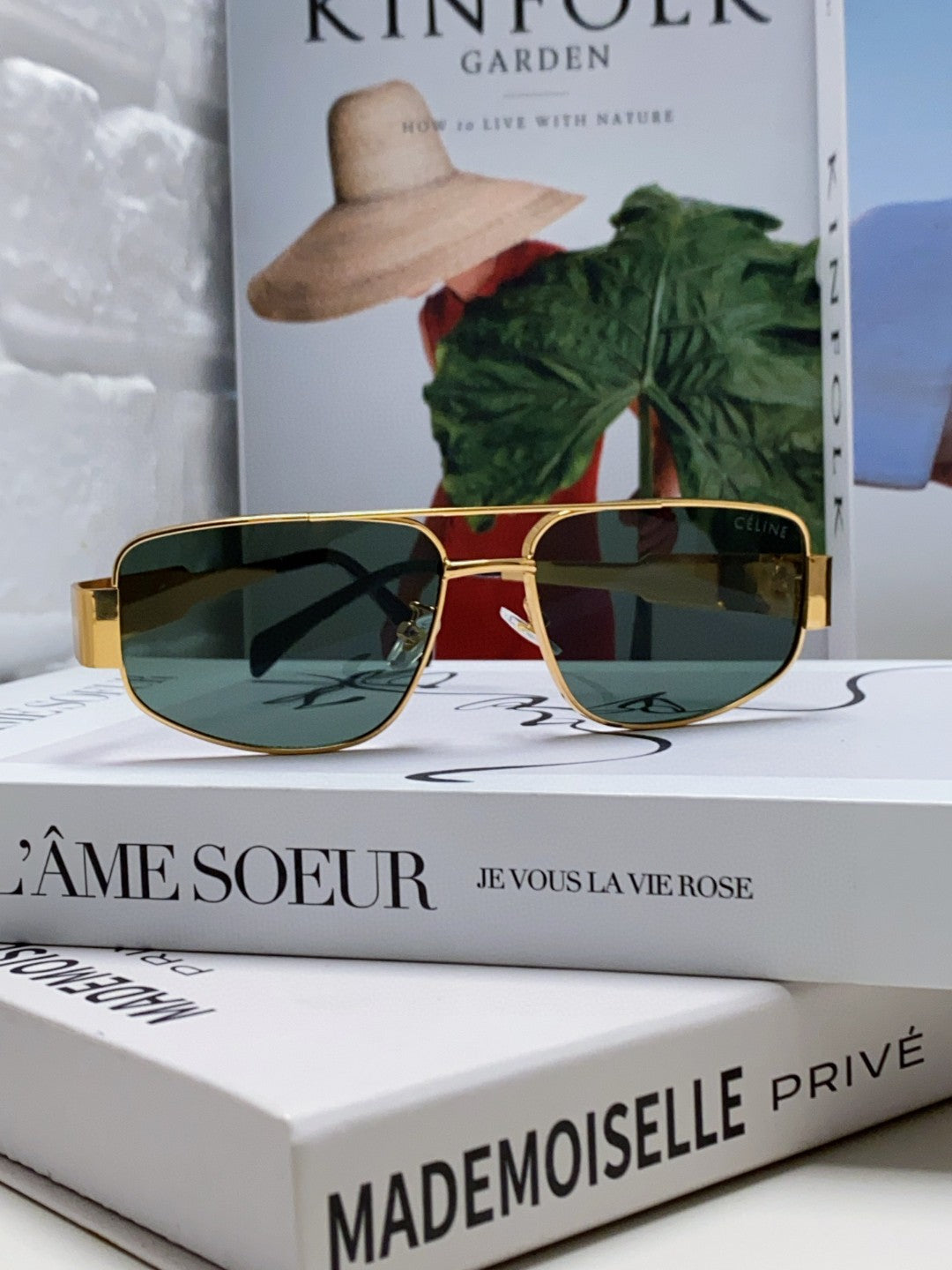 CELINE TRIOMPHE SUNGLASS 512997 IN GOLD METAL BLUE LENSES