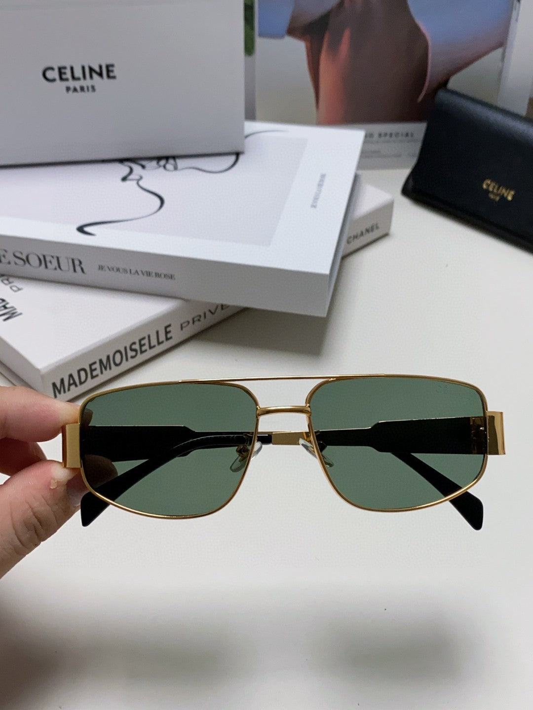 CELINE TRIOMPHE SUNGLASS 512997 IN GOLD METAL BLUE LENSES