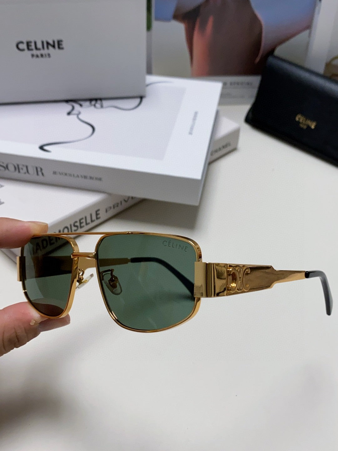 CELINE TRIOMPHE SUNGLASS 512997 IN GOLD METAL BLUE LENSES