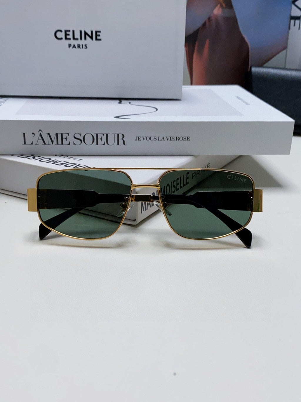 CELINE TRIOMPHE SUNGLASS 512997 IN GOLD METAL BLUE LENSES