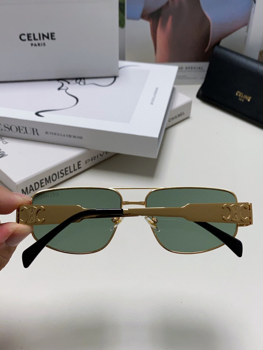 CELINE TRIOMPHE SUNGLASS 512997 IN GOLD METAL BLUE LENSES