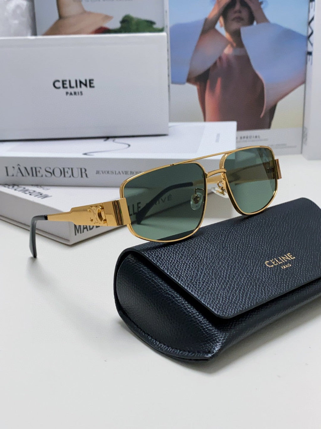 CELINE TRIOMPHE SUNGLASS 512997 IN GOLD METAL BLUE LENSES