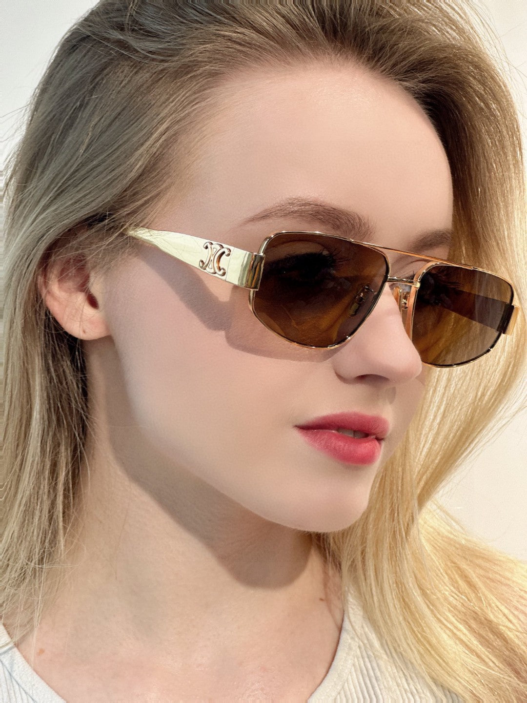 CELINE TRIOMPHE SUNGLASS 512998 IN GOLD METAL BROWN LENSES